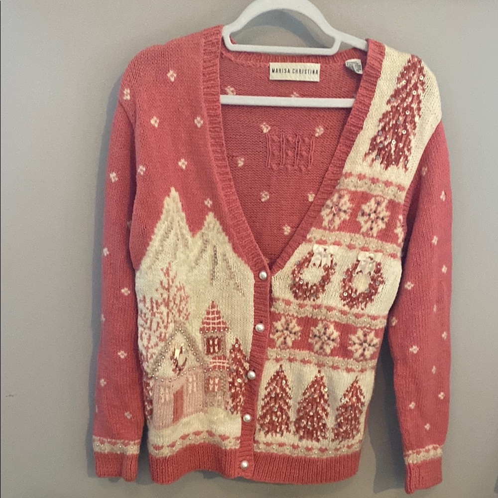 Marisa Christina Pink and Silver Cardigan Sweater with Winter Motifs